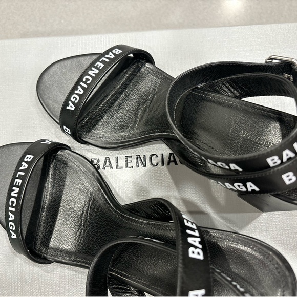 Balenciaga Women's Black & White Allover Logo Ankle Strap Sandals - Picture 6 of 10